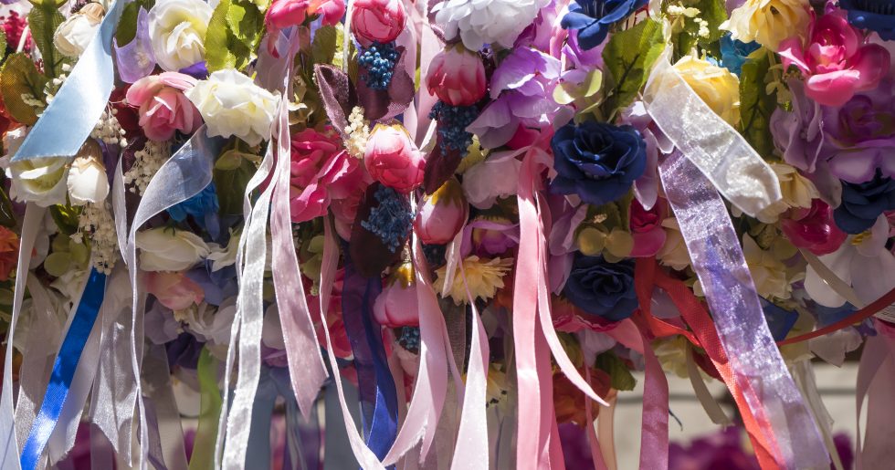 wedding, garlands of flowers in a traditional medieval crafts fair in Spain