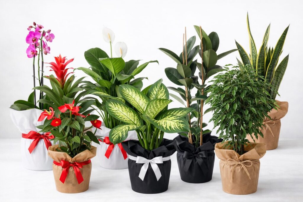 Aksaray saksı çiçekleri kategorisi için orkide, barış çiçeği, antoryum, kauçuk, şeflera ve yeşil bitkilerden oluşan saksı çiçekleri