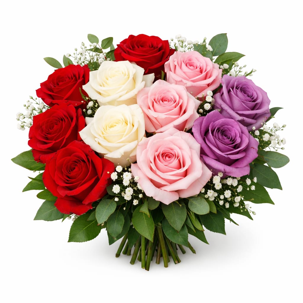 Kırmızı, beyaz, pembe ve mor güllerle hazırlanmış şık gül buketi