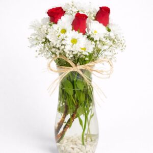 Cam Vazoda Kırmızı Gül ve Beyaz Papatya